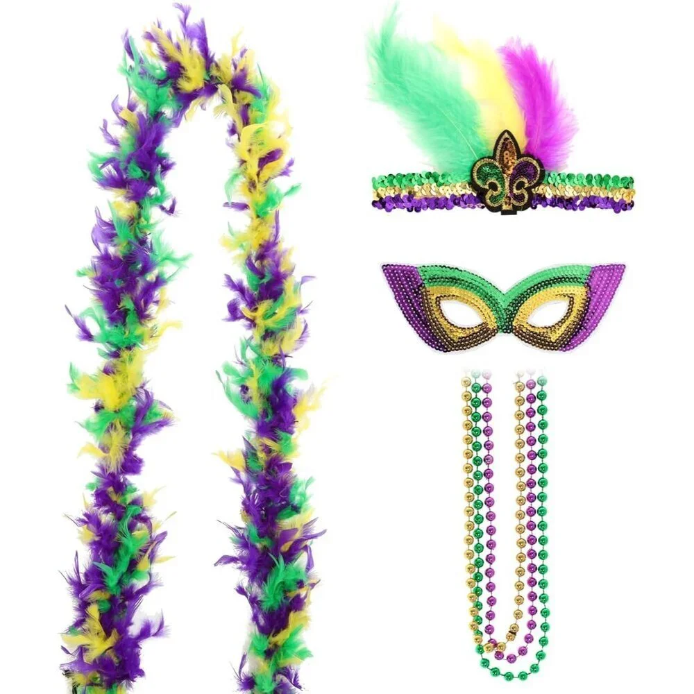 Mardi Gras Costume Accessory Set Sequin Feather Mask Beads Necklaces